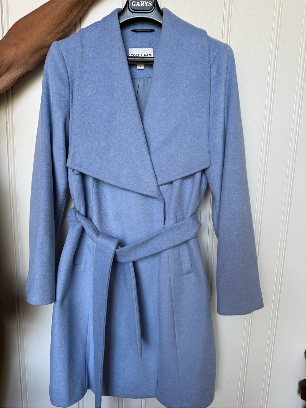 Cole Haan Light Blue Wool Belted Wrap Coat
